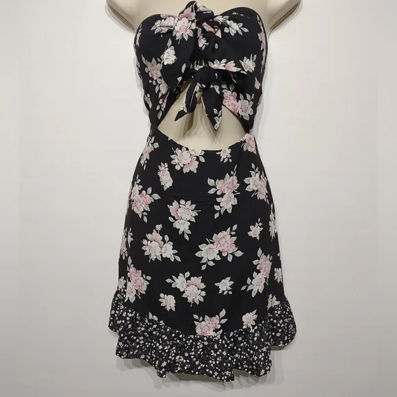 Lulus Dress Black Floral Print Strapless Tie-Front Mini Dark Floral Dress NWT - Picture 5 of 10